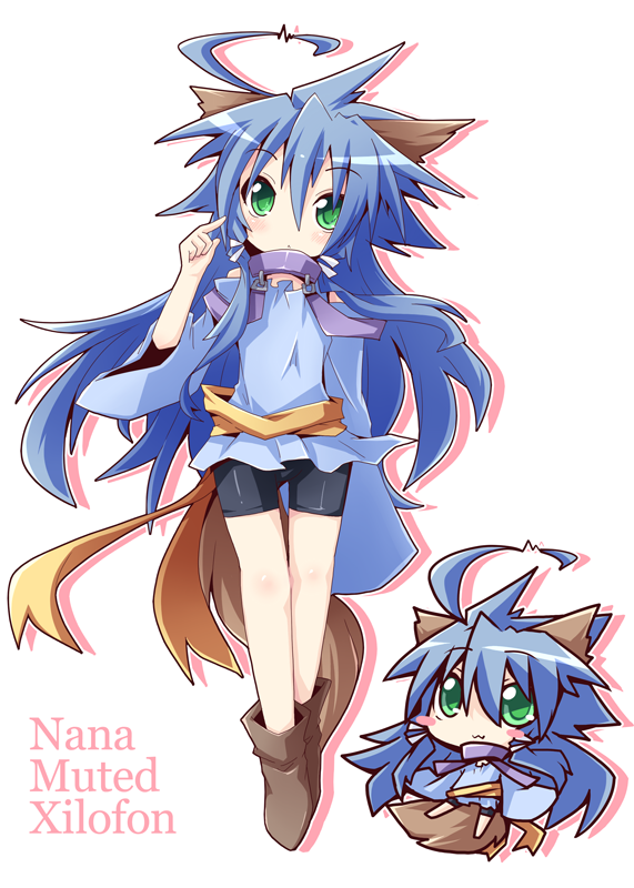 :3, animal_ears, bike_shorts, blue_hair, blush_stickers, boots, chibi, dog_ears