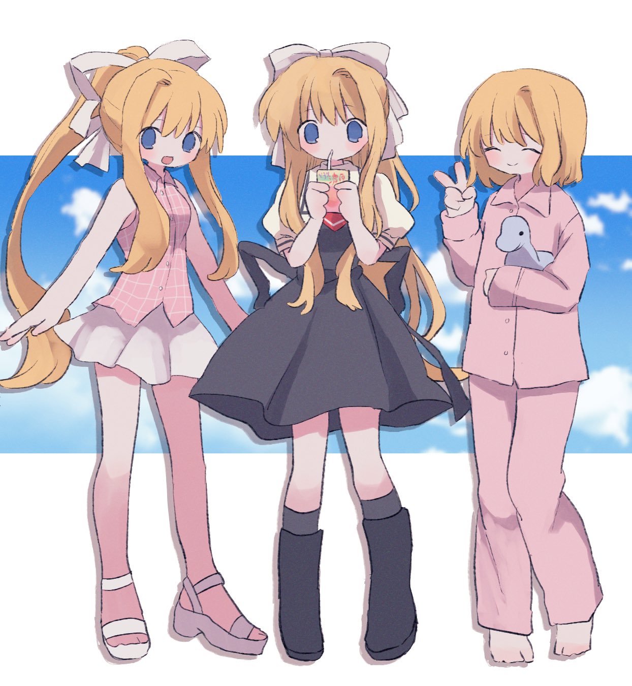 3girls, air_(visual_novel), argentinosaurus, ascot, barefoot, black_dress, black_footwear, black_socks