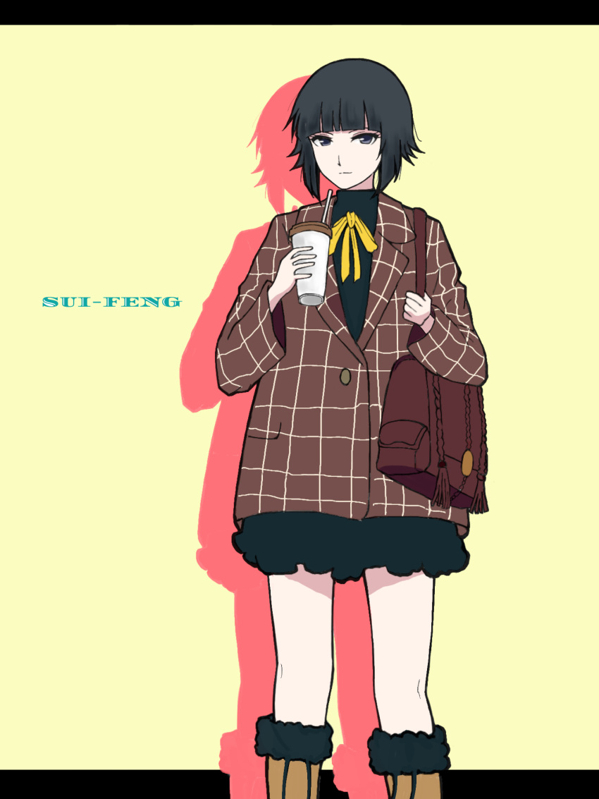 1girl, bag, black_hair, bleach, bleach:_the_thousand-year_blood_war, blunt_bangs, boots, brown_footwear