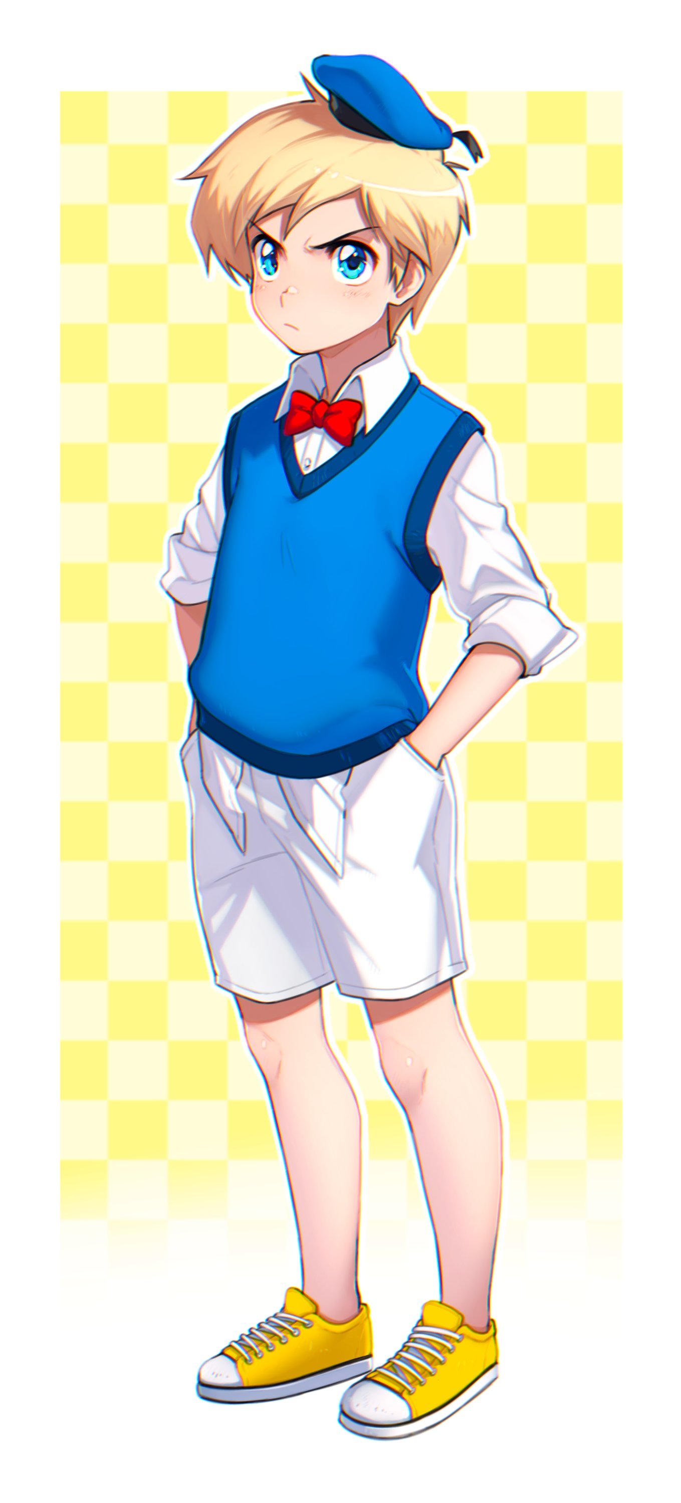 1boy, absurdres, aged_down, angry, animification, blonde_hair, blue_eyes, blue_vest