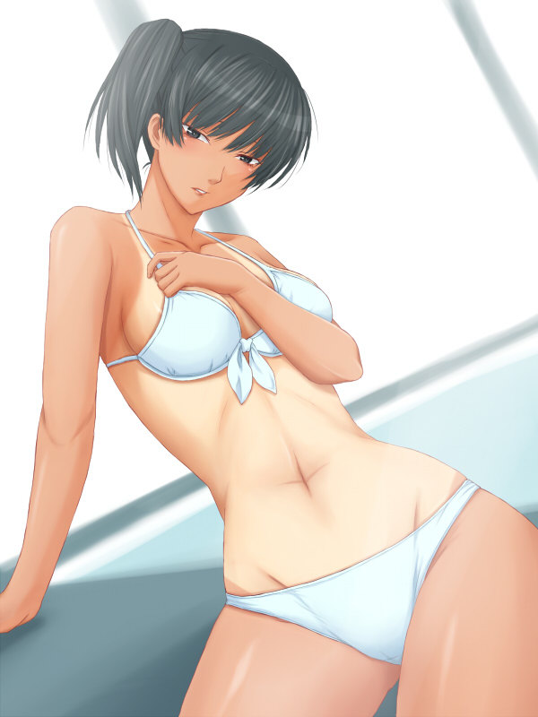 1girl, amagami, bikini, black_hair, hand_on_chest, hand_on_own_chest, short_hair, side_ponytail