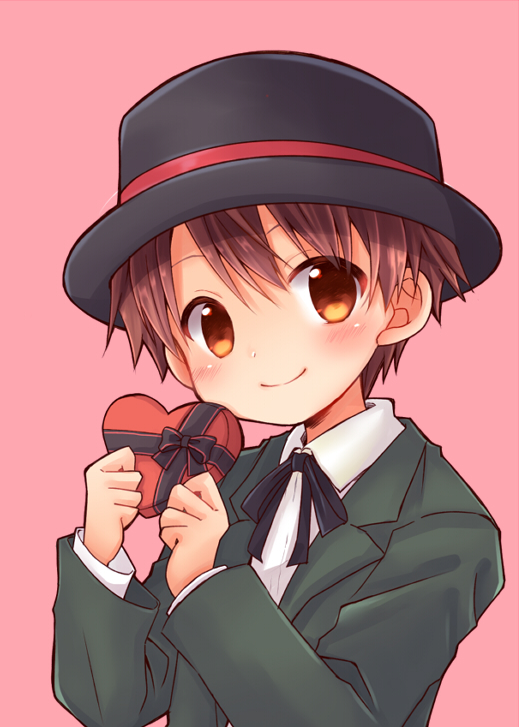 1boy, black_headwear, black_ribbon, blush, box, brown_eyes, brown_hair, chana_gon