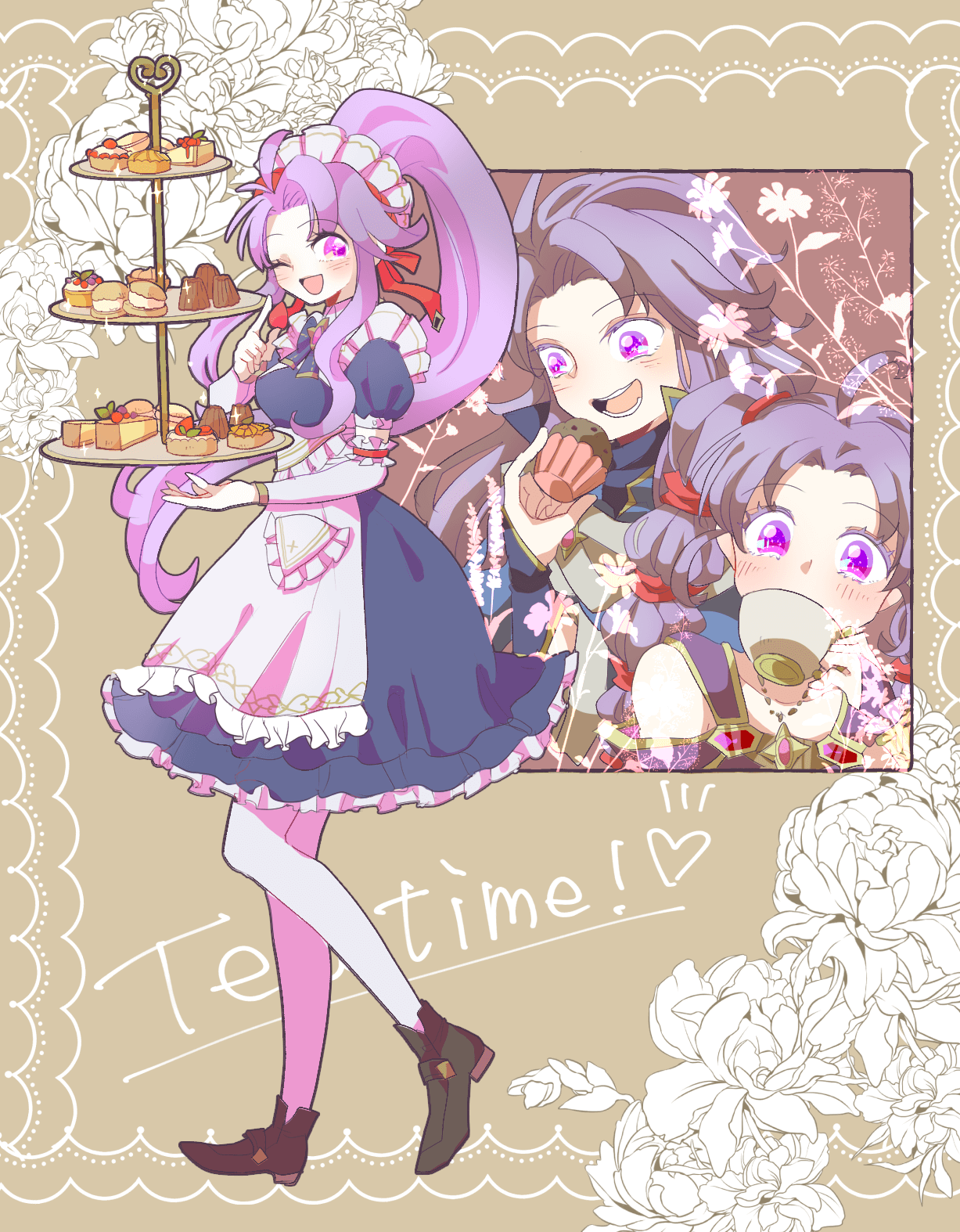 1boy, 2girls, ;d, apron, arthur_(fire_emblem), blue_dress, cake, cookie
