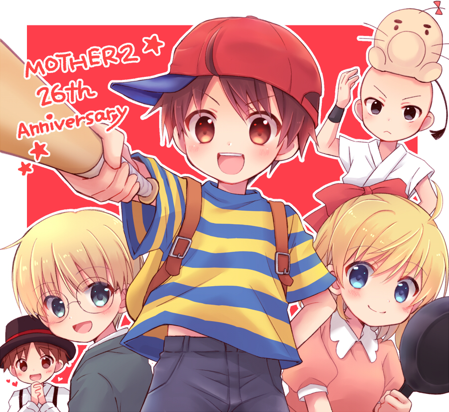 1girl, 4boys, :d, anniversary, arm_up, backpack, bag, baseball_bat