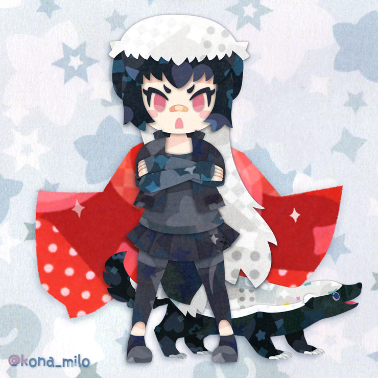 animal, badger_ears, badger_girl, badger_tail, bandaid, bandaid_on_face, bandaid_on_nose, black_hair