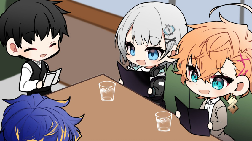 1girl, 3boys, :d, ^_^, ahoge, aqua_eyes, astel_leda, asymmetrical_bangs