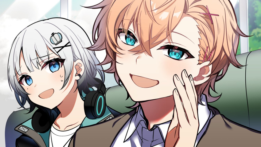 1boy, 1girl, :d, aqua_eyes, asymmetrical_bangs, black_jacket, blue_eyes, booth_seating