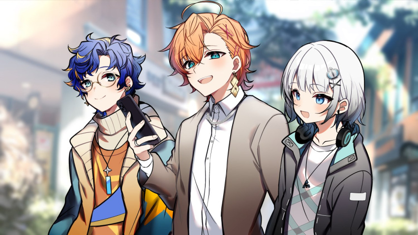 1girl, 2boys, :d, ahoge, aqua_eyes, astel_leda, asymmetrical_bangs, black_jacket