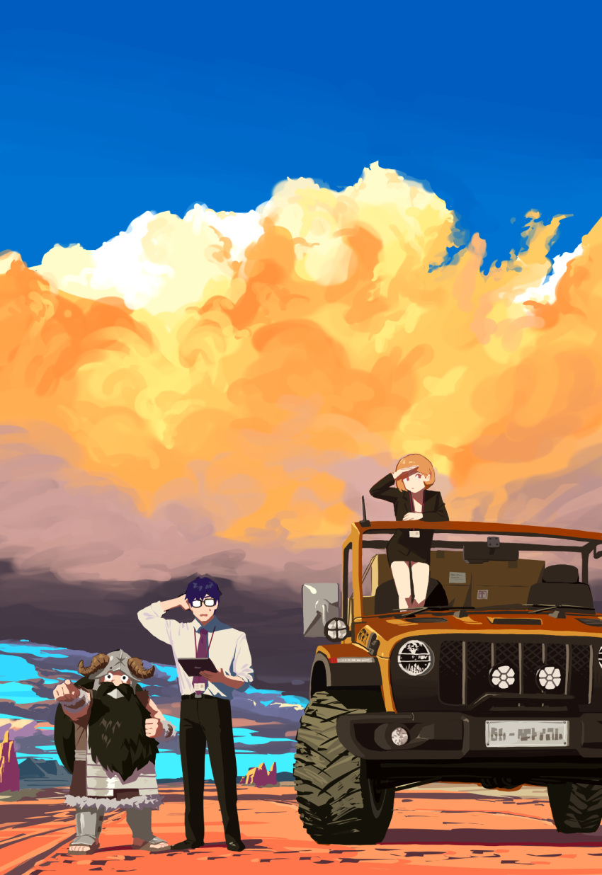1girl, 2boys, arm_support, beard, black_jacket, black_skirt, blazer, blue_sky