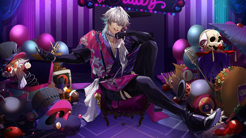 1boy, absurdres, argyle, argyle_coat, armchair, balloon, bird, black_corset