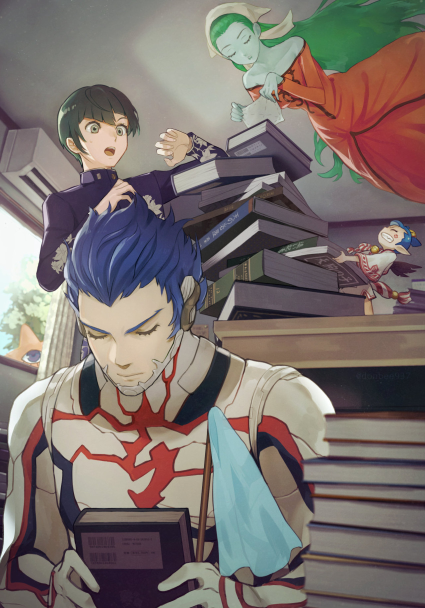 amanozako_(megami_tensei), aogami_(smtv), asymmetrical_hair, black_hair, blue_hair, bodysuit, book, bowl_cut