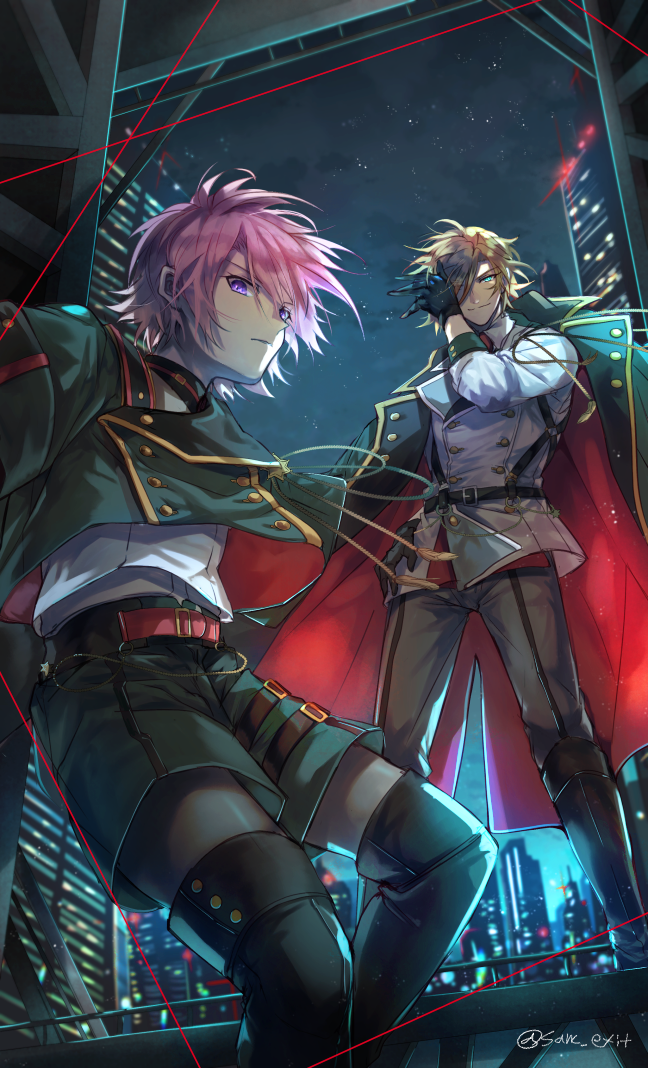 2boys, a_dark_night's_passing_(ensemble_stars!), aiguillette, aqua_eyes, belt, belt_chain, black_belt, black_footwear