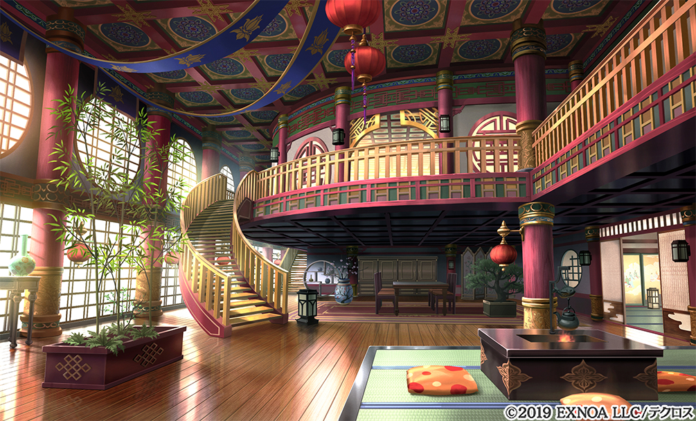 architecture, ayakashi_rumble!, bamboo, bonsai, carpet, chair, copyright, cushion