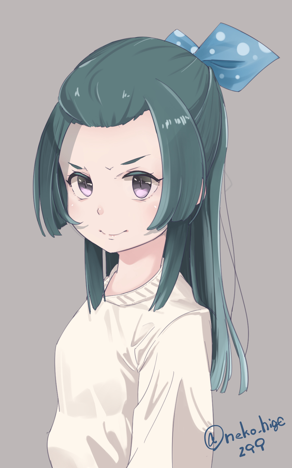 1girl, alternate_costume, gradient_hair, green_hair, grey_background, grey_eyes, hair_ribbon, half_updo