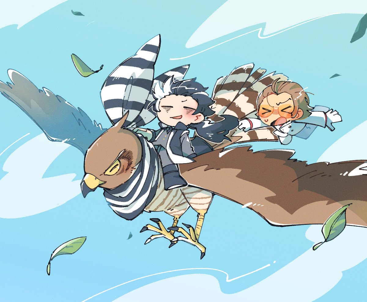 >_<, 2boys, ace_attorney, bags_under_eyes, bird, black_footwear, black_hair, black_jacket