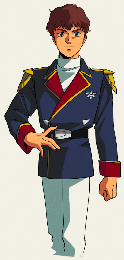 1980s_(style), 1boy, :|, amuro_ray, belt, black_belt, blue_coat, blue_eyes