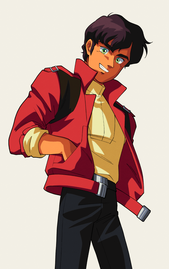1980s_(style), 1boy, belt, black_belt, black_pants, brown_hair, contrapposto, cowboy_shot