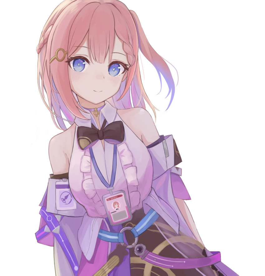 1girl, asta_(honkai:_star_rail), bare_shoulders, black_bow, black_bowtie, blue_eyes, bow, bowtie, braid, breasts, center_frills, choker, closed_mouth, collared_shirt, commentary, double-parted_bangs, frills, hair_between_eyes, highres, honkai:_star_rail, honkai_(series), id_card, kosode_(syakoto), light_blush, looking_at_viewer, medium_breasts, medium_hair, pink_hair, see-through, shirt, simple_background, sleeveless, sleeveless_shirt, smile, solo, upper_body, white_background