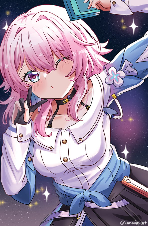 1girl, amai-tapioca, archery_shooting_glove, arm_up, black_choker, black_corset, black_gloves, blue_eyes, blue_jacket, blue_skirt, blush, breasts, choker, collarbone, commentary, corset, gloves, hair_between_eyes, hair_intakes, hand_up, honkai:_star_rail, honkai_(series), jacket, long_sleeves, march_7th_(honkai:_star_rail), medium_breasts, medium_hair, one_eye_closed, parted_lips, partially_fingerless_gloves, pink_eyes, pink_hair, selfie, shirt, single_glove, skirt, solo, star_(sky), twitter_username, two-tone_eyes, underbust, v, white_shirt