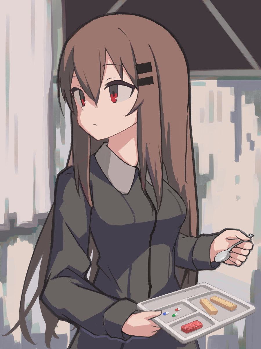 1girl, breasts, brown_hair, caraku, collared_dress, dress, expressionless, hair_between_eyes