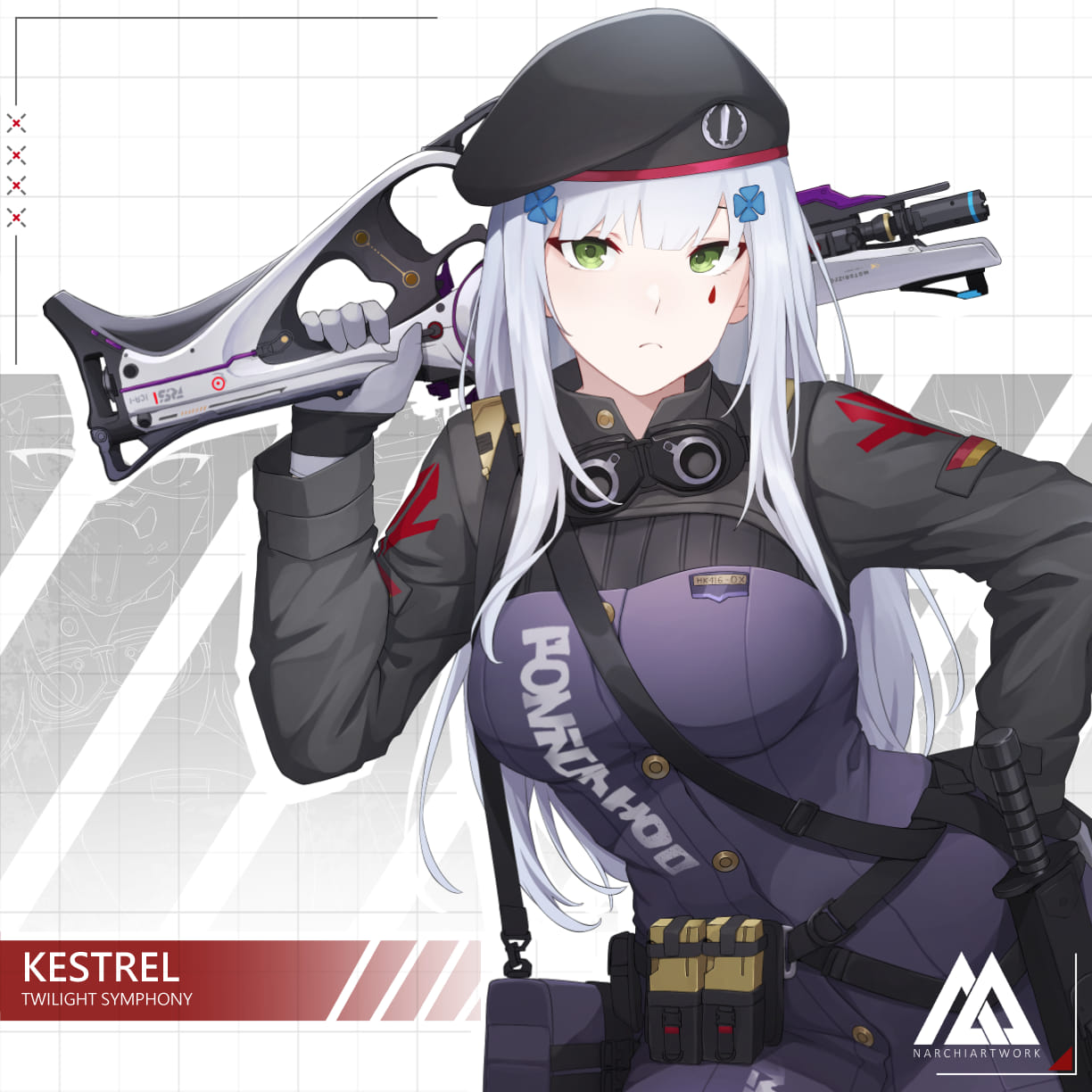 1girl, artist_logo, beret, blunt_bangs, breasts, call_of_duty, call_of_duty:_mobile, character_name
