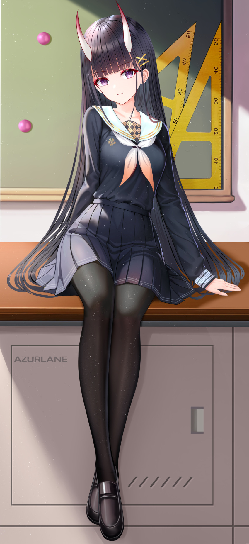 1girl, absurdres, azur_lane, black_footwear, black_hair, black_pantyhose, blue_serafuku, blue_shirt, blue_skirt, blunt_bangs, chalkboard, collarbone, copyright_name, desk, full_body, grin, head_tilt, highres, hime_cut, horns, loafers, long_hair, long_sleeves, looking_at_viewer, neckerchief, noshiro_(azur_lane), on_desk, oni_horns, orange_neckerchief, pantyhose, pleated_skirt, sailor_collar, school_uniform, serafuku, shirt, shoes, sitting, sitting_on_desk, skirt, smile, solo, straight_hair, tina_(tinafya), two-tone_neckerchief, very_long_hair, violet_eyes, white_neckerchief, white_sailor_collar