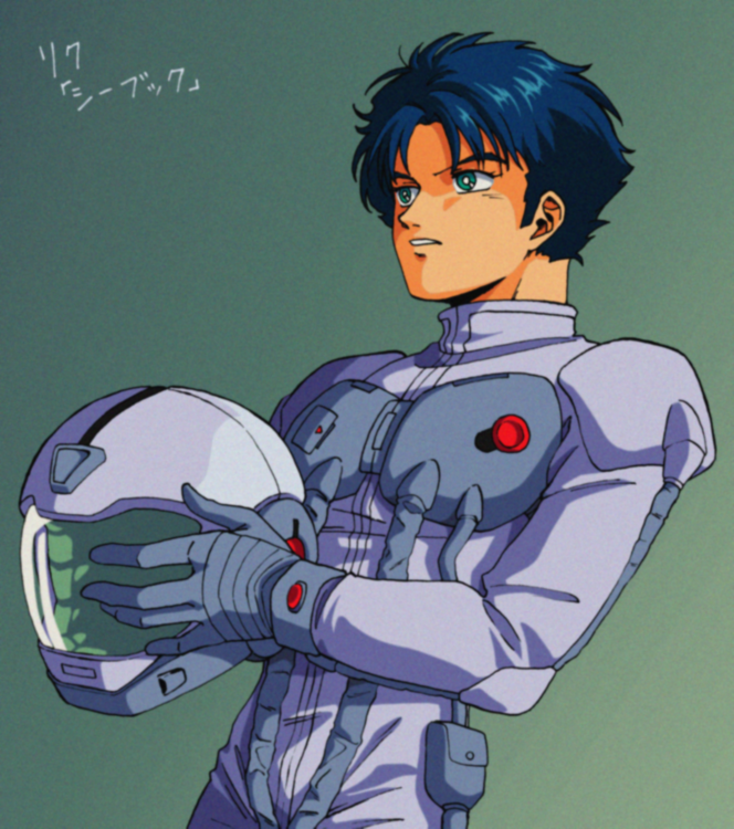 1990s_(style), 1boy, blue_eyes, blue_hair, bright_pupils, character_name, green_background, green_eyes