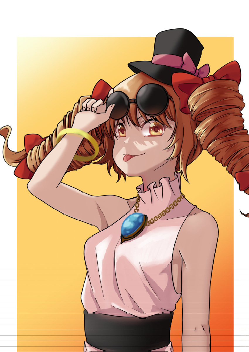 1girl, adjusting_eyewear, black_headwear, bracelet, breasts, brown_hair, closed_mouth, commentary