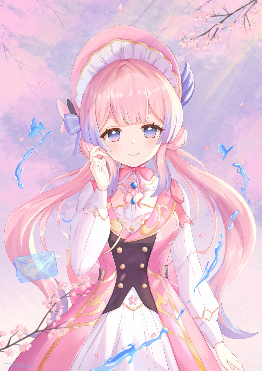1girl, blush, bonnet, cherry_blossoms, closed_mouth, cosplay, cowboy_shot, dress, genshin_impact, hand_up, highres, kamisato_ayaka, kamisato_ayaka_(cosplay), long_hair, long_sleeves, mixed-language_commentary, pink_dress, pink_hair, pink_headwear, pink_ribbon, ribbon, sangonomiya_kokomi, smile, solo, thick_eyebrows, twintails, unishaho, violet_eyes, water_drop