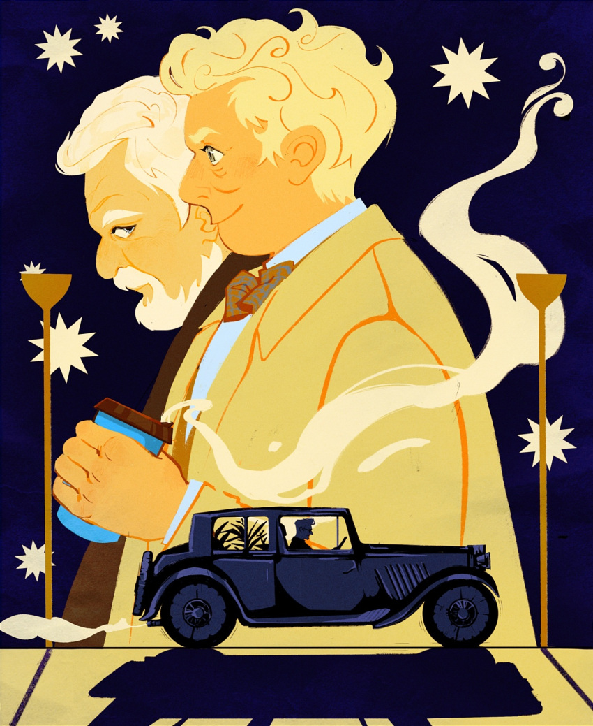 2boys, aziraphale_(good_omens), beard, blonde_hair, car, crowley_(good_omens), cup, disposable_cup, facial_hair, good_omens, grey_eyes, highres, holding, holding_cup, looking_ahead, looking_at_another, male_focus, motor_vehicle, multiple_boys, mustache, night, risariba, shadow, short_hair, smile, star_(symbol), white_hair, wrinkled_skin