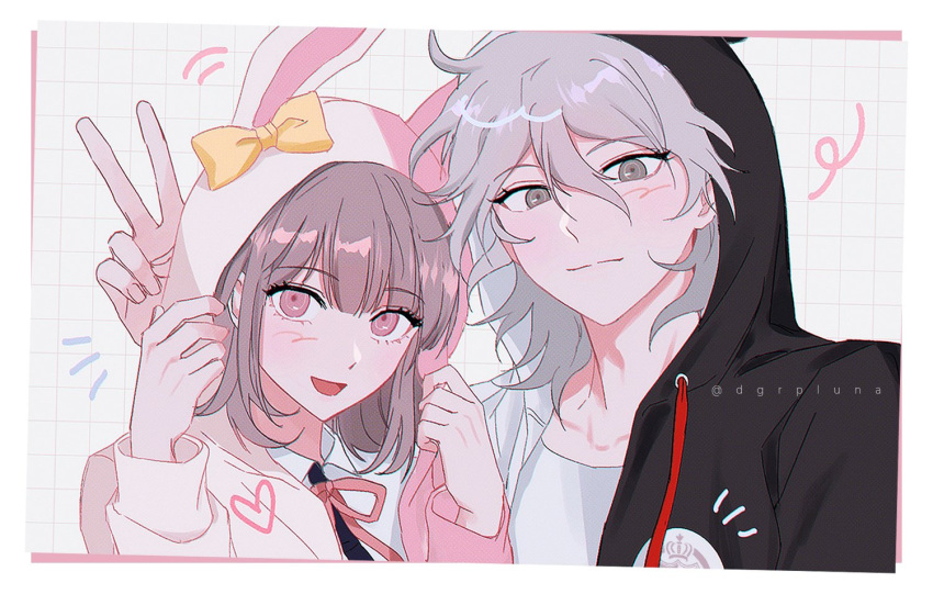 1boy, 1girl, :d, animal_ears, black_shirt, boleum_(dgrpluna), collarbone, cosplay