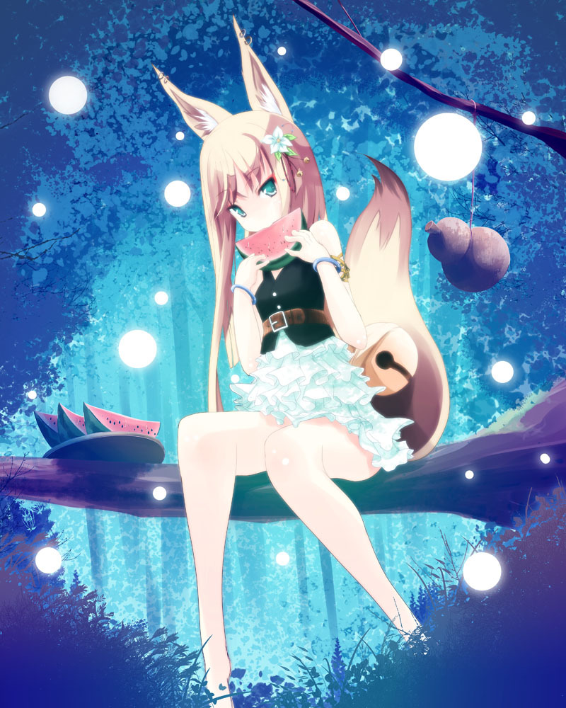 bell, blonde_hair, bracelet, flower, food, forest, fox_ears, fox_tail, fruit, hair_flower, hair_ornament, jewelry, nature, ooka_(skavler), original, solo, tail, watermelon