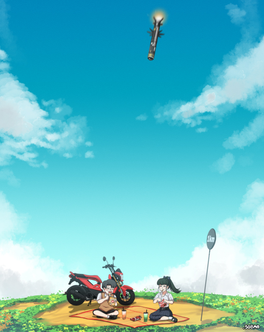 1girl, 50bmg, absurdres, artist_name, black_hair, bubble_tea, chips_(food), closed_eyes
