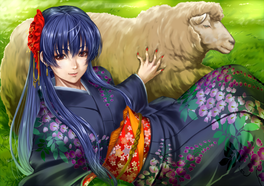 1girl, animal, blue_hair, brown_eyes, closed_mouth, commentary_request, floral_print, floral_print_kimono