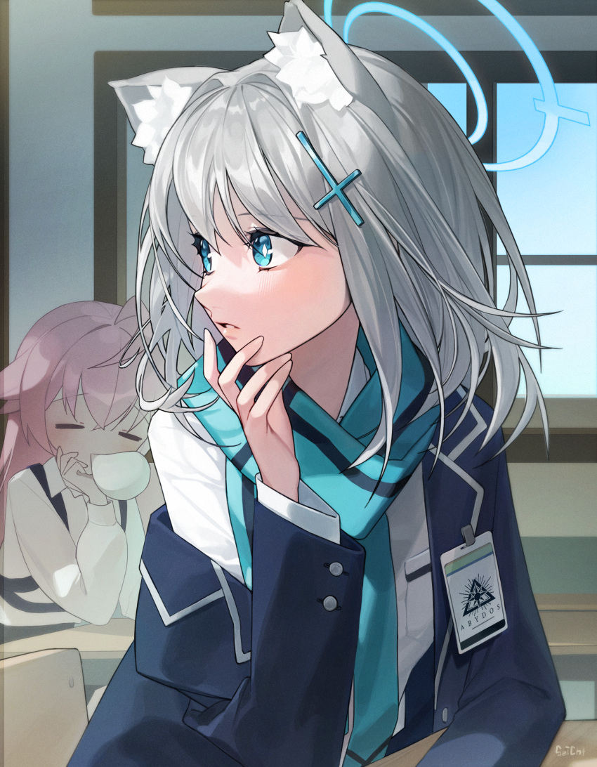 2girls, absurdres, ahoge, animal_ear_fluff, animal_ears, blazer, blue_archive, blue_eyes