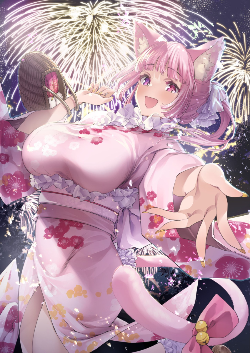 1girl, aerial_fireworks, animal_ears, artist_request, basket, bell, blunt_bangs, bow, breasts, cat_ears, cat_girl, cat_tail, center_frills, check_artist, fingernails, fireworks, floral_print, flower_in_eye, frills, hair_ribbon, heterochromia, highres, huge_breasts, indie_virtual_youtuber, japanese_clothes, kimono, legs, looking_at_viewer, nail_polish, night, night_sky, open_hand, open_mouth, pink_bow, pink_eyes, pink_hair, pink_kimono, pink_sash, pink_tail, ponytail, print_kimono, raised_eyebrows, ribbon, sash, second-party_source, sky, smile, solo, standing, symbol_in_eye, tail, tail_bell, tail_bow, tail_ornament, tenshouin_himeno, thomasz, tree, violet_eyes, virtual_youtuber, white_ribbon, wide_sleeves, yellow_nails
