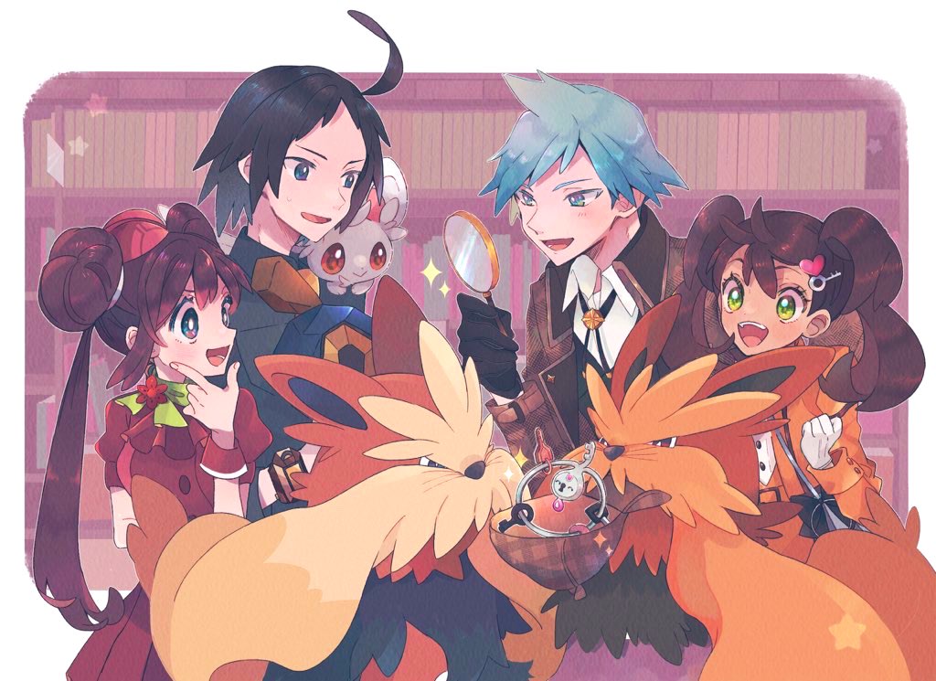 2boys, 2girls, ahoge, alternate_costume, black_hair, blue_eyes, blue_hair, brown_hair