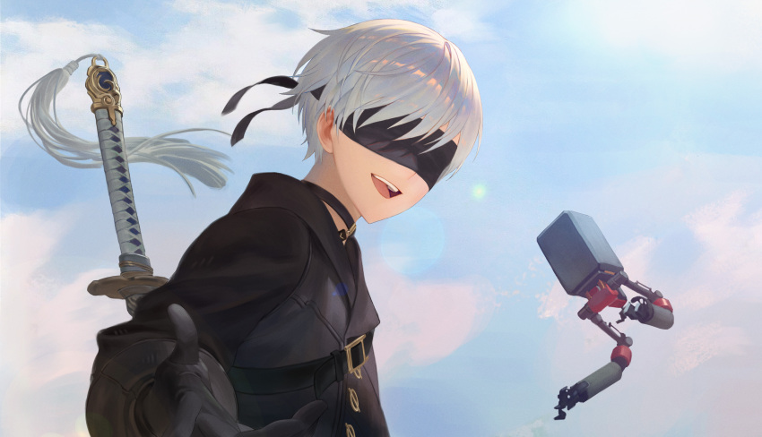 1boy, absurdres, aheuretokki, bishounen, black_blindfold, black_gloves, blindfold, blue_sky
