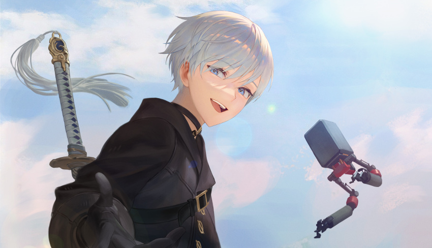 1boy, absurdres, aheuretokki, bishounen, black_gloves, blue_eyes, blue_sky, choker