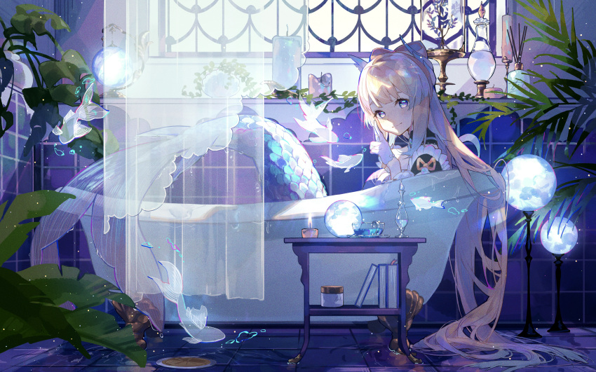 1girl, absurdres, bathroom, bathtub, blue_hair, blush, bow-shaped_hair, candle