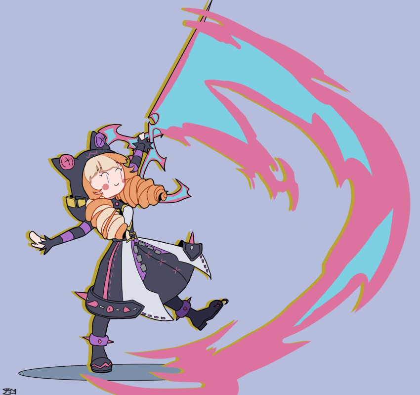 1girl, artist_name, black_dress, black_footwear, black_hood, blonde_hair, blush_stickers, brown_hair, buttons, choedongtae, closed_mouth, dress, gwen_(league_of_legends), highres, holding, holding_scissors, holding_weapon, hood, hood_up, league_of_legends, long_sleeves, official_alternate_costume, oversized_object, scissors, smile, solo, soul_fighter_gwen, standing, standing_on_one_leg, striped_sleeves, twintails, weapon, white_dress