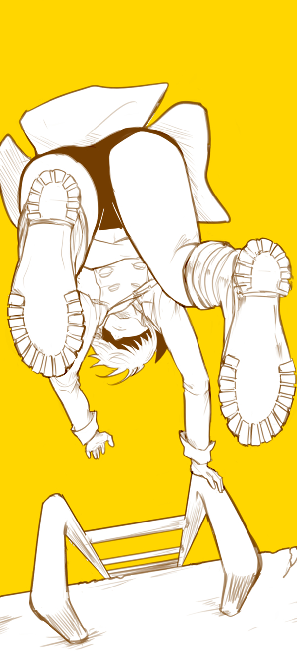 black_blindfold, blindfold, boots, from_above, highres, hineshika, jumping, ladder