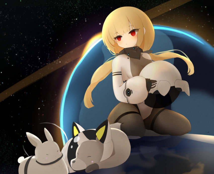 1girl, absurdres, ash_arms, blonde_hair, blush, breasts, dog, expressionless, headwear_removed, helmet, helmet_removed, highres, kneeling, laica_(marfusha), looking_to_the_side, low_twintails, marfusha, matsudai_d, medium_breasts, pantyhose, rabbit, red_eyes, sky, solo, space, space_helmet, spacesuit, star_(sky), starry_sky, thighband_pantyhose, twintails