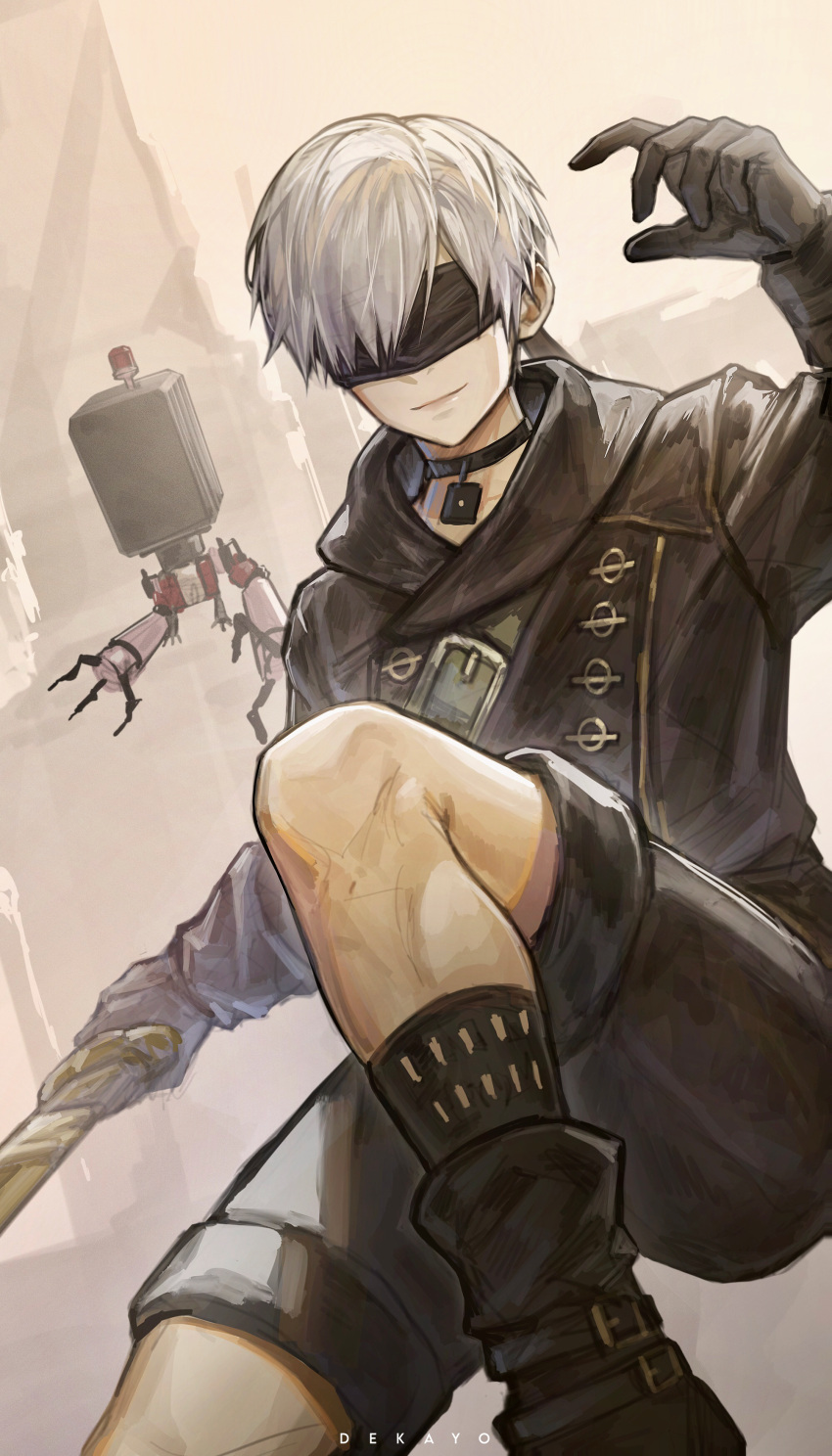 1boy, absurdres, black_blindfold, black_coat, black_gloves, blindfold, choker, coat, deka_yo, from_below, gloves, highres, male_focus, nier:automata, nier_(series), pod_(nier:automata), short_hair, shorts, smile, solo, sword, weapon, white_hair, yorha_no._9_type_s