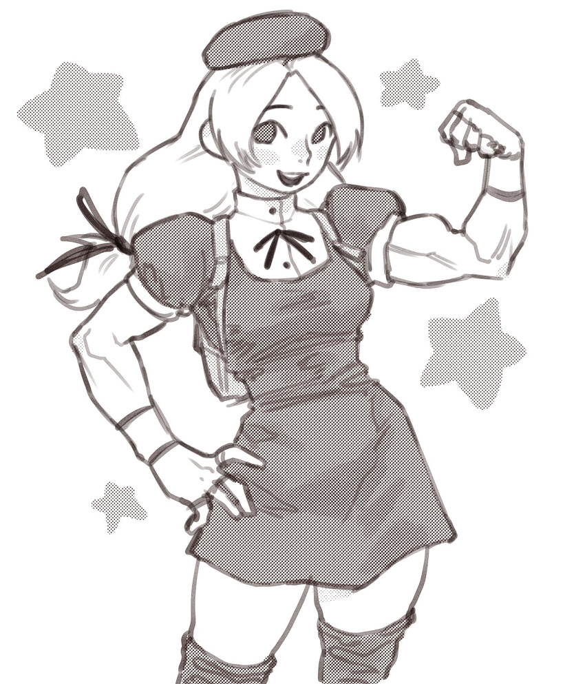 1girl, backpack, bag, beret, blonde_hair, blush, blush_stickers, cerebro_podrido, contrapposto, cowboy_shot, dress, flexing, greyscale, hair_ribbon, hand_on_own_hip, hat, highres, juliet_sleeves, knee_pads, long_hair, long_sleeves, looking_at_viewer, low-tied_long_hair, monochrome, muscular, muscular_female, neck_ribbon, nose_blush, open_mouth, parted_bangs, puffy_sleeves, ribbon, screentones, shijou_hinako, shirt, short_dress, short_sleeves, simple_background, smile, solid_circle_eyes, solo, star_(symbol), teeth, the_king_of_fighters, twintails, upper_teeth_only, white_background, white_shirt