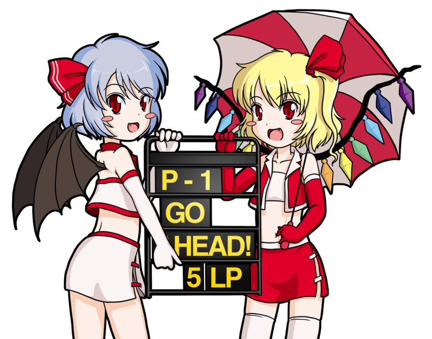 :d, bat_wings, blonde_hair, blue_hair, blush_stickers, elbow_gloves, fang, fangs