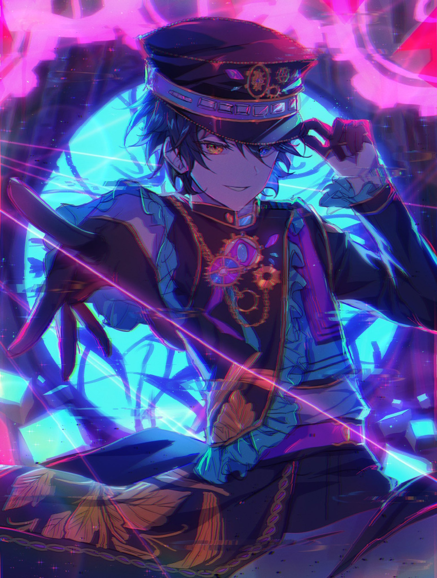 1boy, black_gloves, black_hair, black_headwear, black_jacket, black_pants, blue_eyes, ensemble_stars!