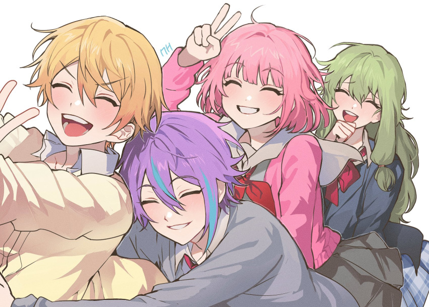 2boys, 2girls, blonde_hair, blue_hair, closed_eyes, highres, kamishiro_rui, kusanagi_nene, light_blue_hair, light_green_hair, long_hair, multicolored_hair, multiple_boys, multiple_girls, ohw8g, ootori_emu, open_mouth, orange_hair, pink_hair, project_sekai, purple_hair, smile, teeth, tenma_tsukasa, white_background, wonderlands_x_showtime_(project_sekai)