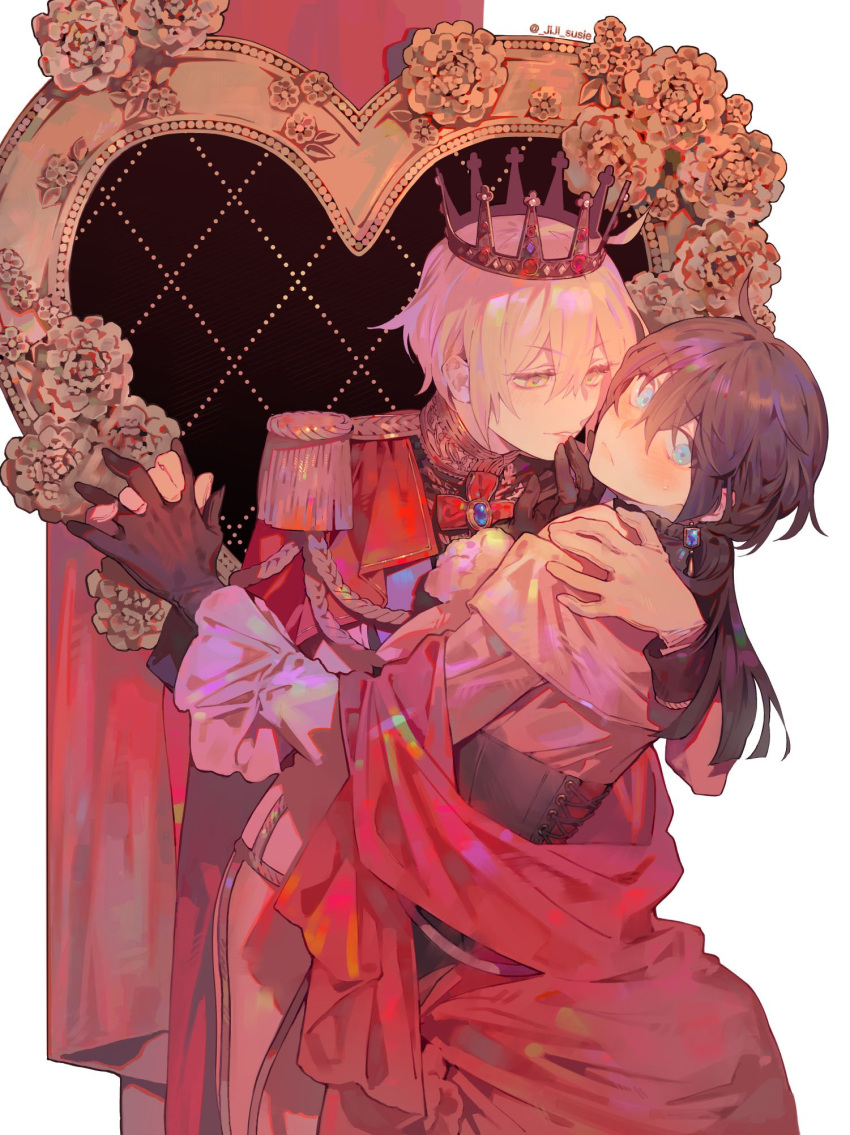 1boy, 1girl, ahoge, black_gloves, black_hair, blue_eyes, blue_gemstone, blush, brooch, clothing_request, crown, dress, earrings, eyelashes, flower, formal, gem, gloves, grey_flower, hair_between_eyes, hand_on_another's_shoulder, highres, holding, holding_hands, jeanne_(vanitas_no_carte), jewelry, jiji_susie, long_hair, long_sleeves, looking_at_another, parted_lips, ponytail, short_hair, simple_background, sweatdrop, vanitas_(vanitas_no_carte), vanitas_no_carte, white_background, white_dress, white_gloves, white_hair, yellow_eyes