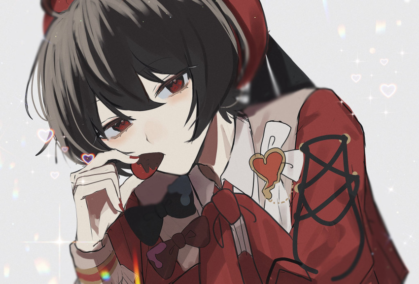 1boy, androgynous, black_eyes, black_hair, blurry, bow, brown_hair, chocolate
